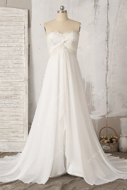 Strapless A-line Lace Chiffon Beach Wedding Dress