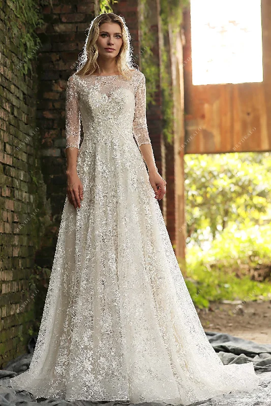 Three-Quarter Sleeve Floral Lace Wedding Dress