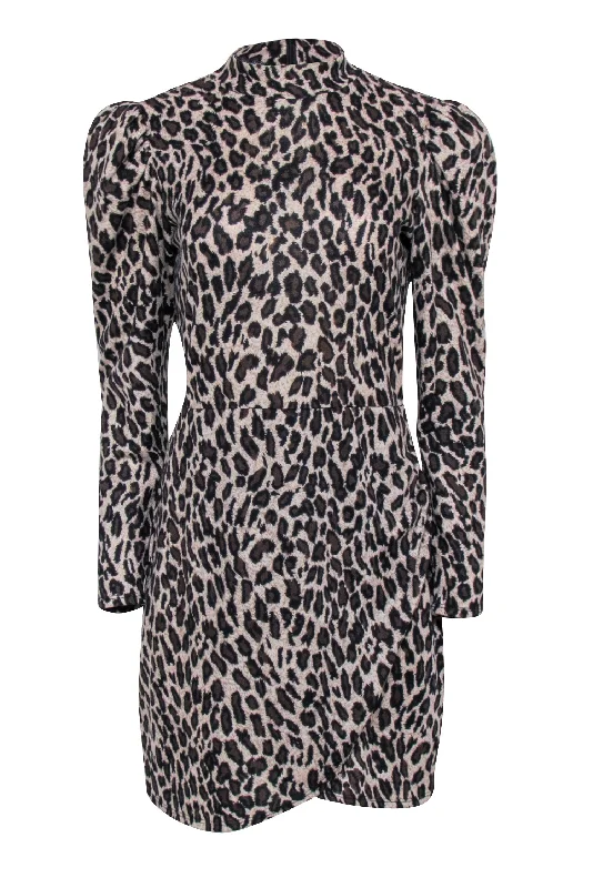 Reformation - Brown & Black Leopard Print Long Sleeve Wrap Skirt Dress Sz L