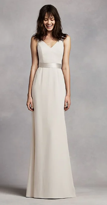 Vera Wang White Long V Neck Crepe Gown with Open Back