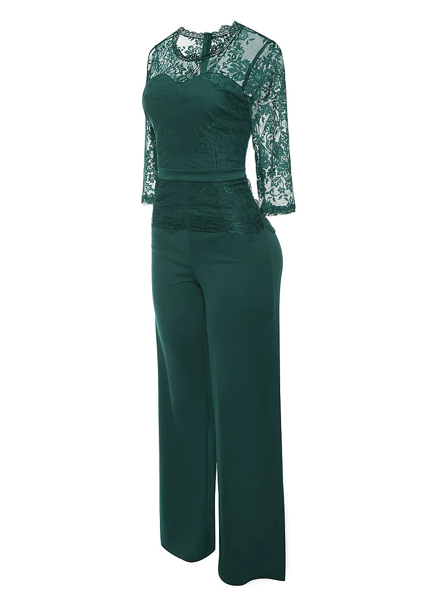 Women's Polyester O-Neck Long Sleeve Embroidered Pattern Jumpsuit