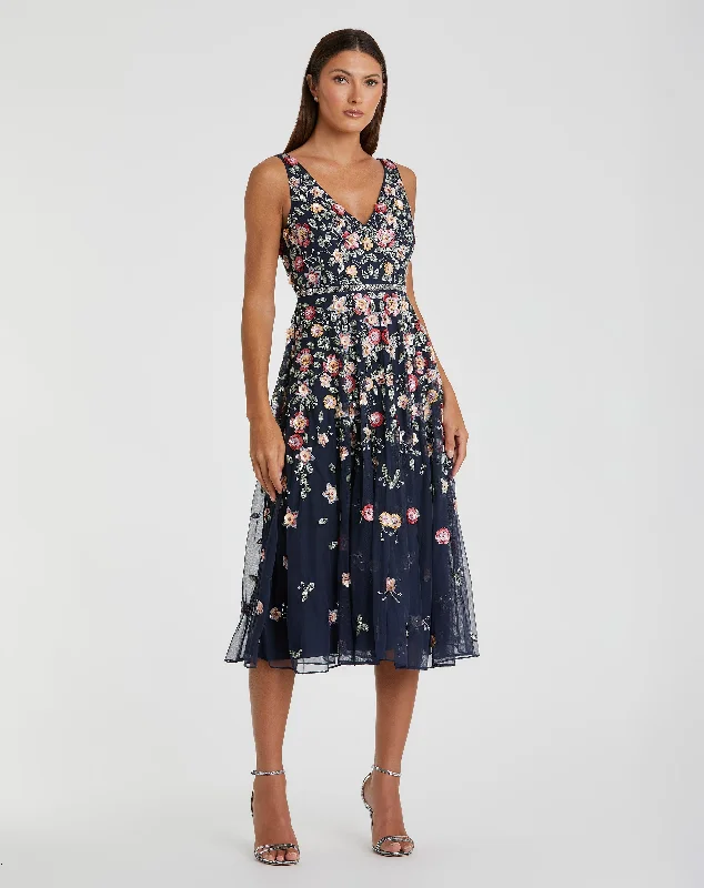 V-neck Sleeveless Midi Floral Beaded  A-line Dress