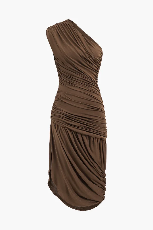 Asymmetrical Sleeveless Ruched Midi Dress