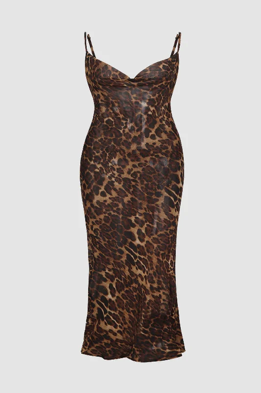 Plus Size Leopard Print Draped Cowl Neck Slip Midi Dress