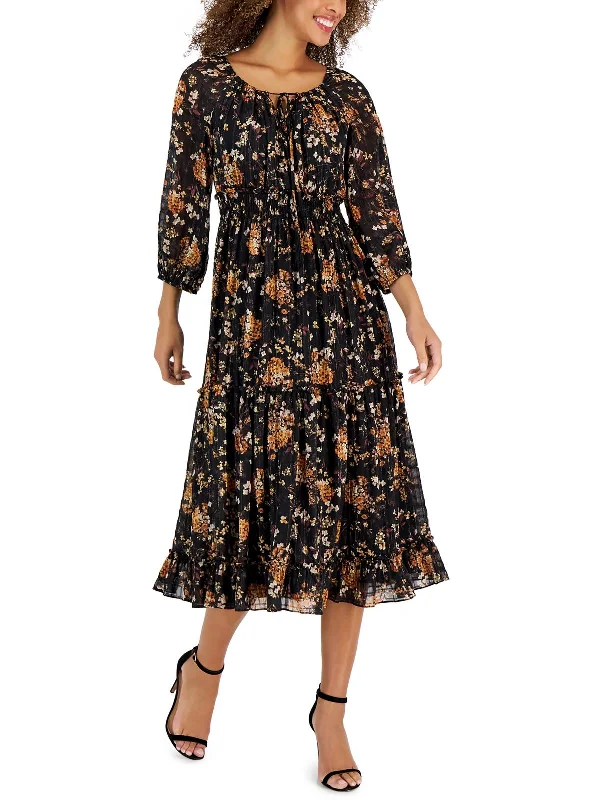 Petites Womens Printed Smocked Midi Dress