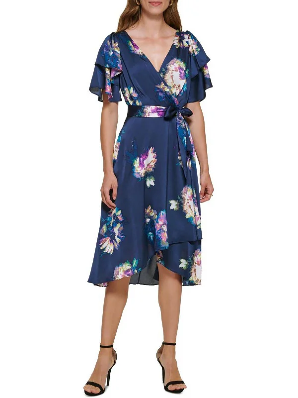 Womens Floral Midi Wrap Dress