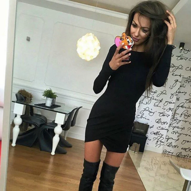 Fashion Long Sleeve Irregular Hem Bodycon Short Dress