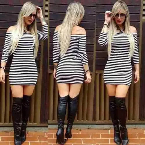 Fashion Off Shoulder Long Sleeve Stripe Short Bodycon Dress