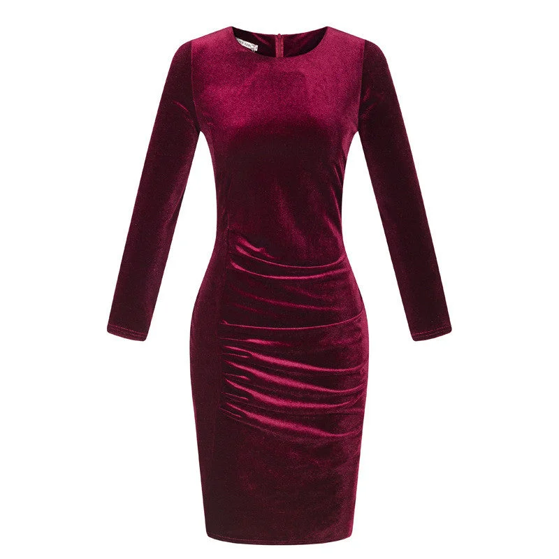 Korea Style Velvet Long Sleeve Drape Short Bodycon Dress