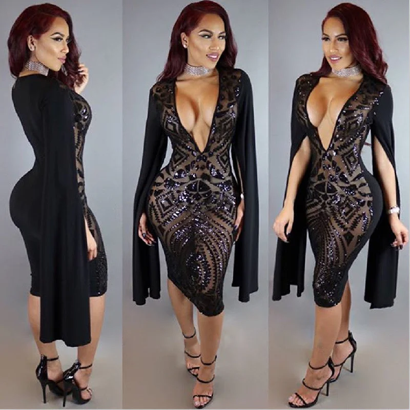 Long Split Sleeve Black Sequins Deep V Neck Bodycon Knee-Length Dress