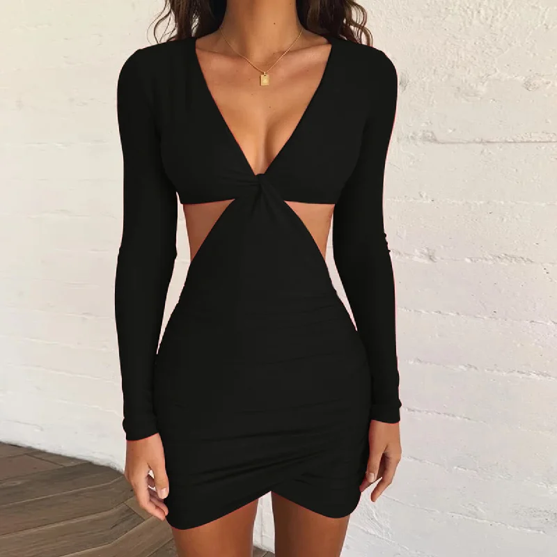 Sexy V-neck Long Sleeve hollow out Short Irregular Bodycon Dress