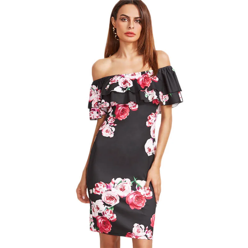 Off Shoulder Bodycon Ruffles Flower Print Short Dress