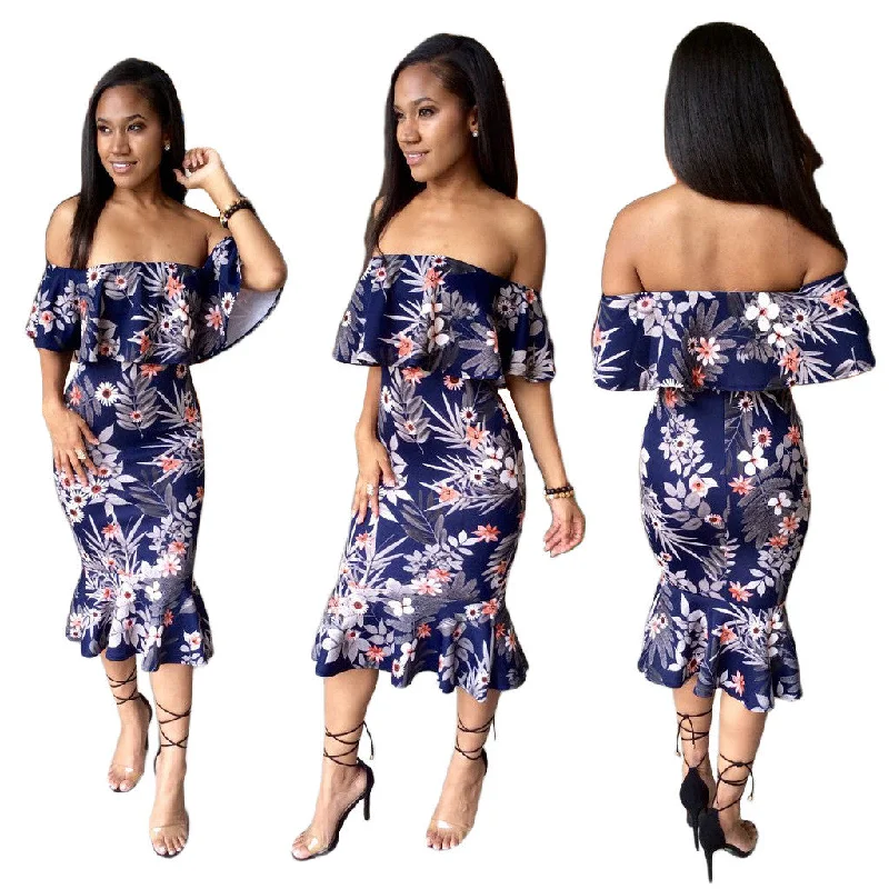 Print Off Shoulder Strapless Bodycon Tee-length Dress