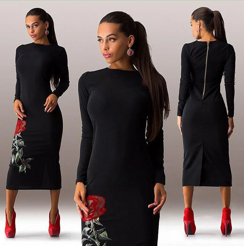 Rose Print Long Sleeve Back Zipper Bodycon Long Dress