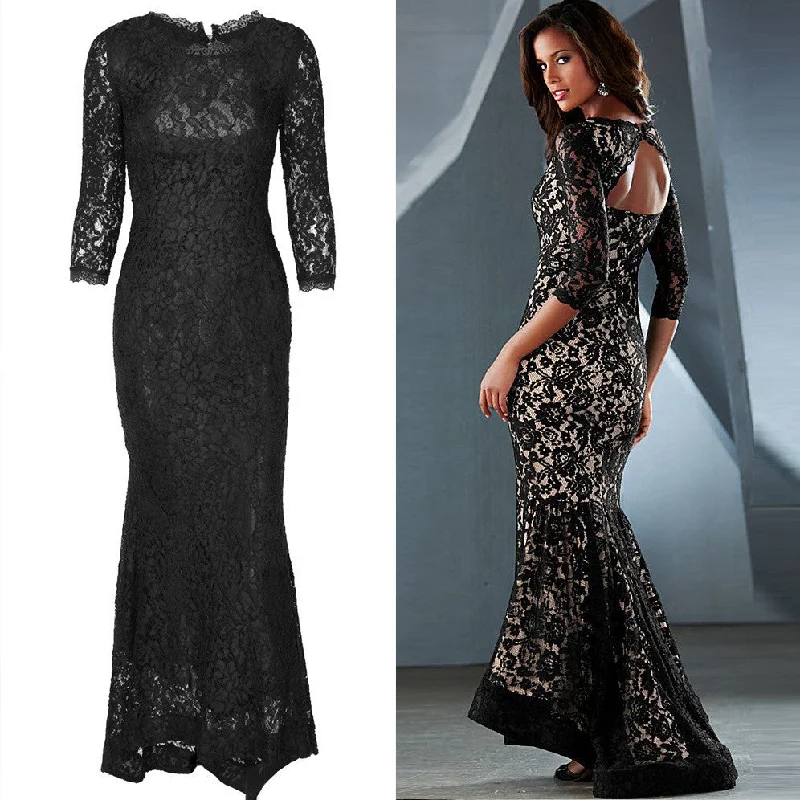 Sexy Black Lace Patchwork Bodycon Long Mermaid Dress