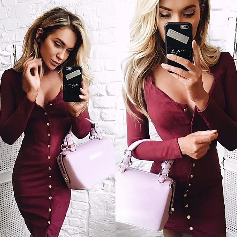 Sexy Front Button Square Neck Short Bodycon Dress