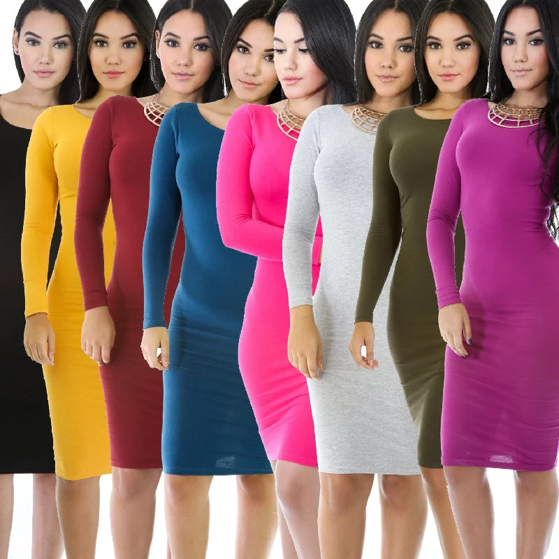 Simple Fashion Long Sleeve Cotton Bodycon Short Dress