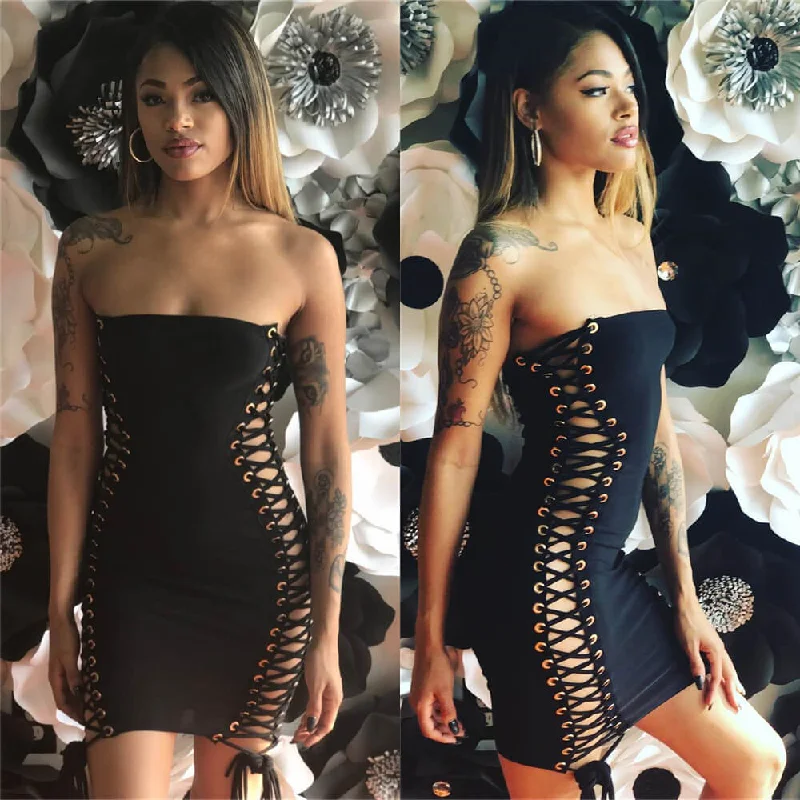 Strapless Bodycon Hollow Out Pure Color Short Dress