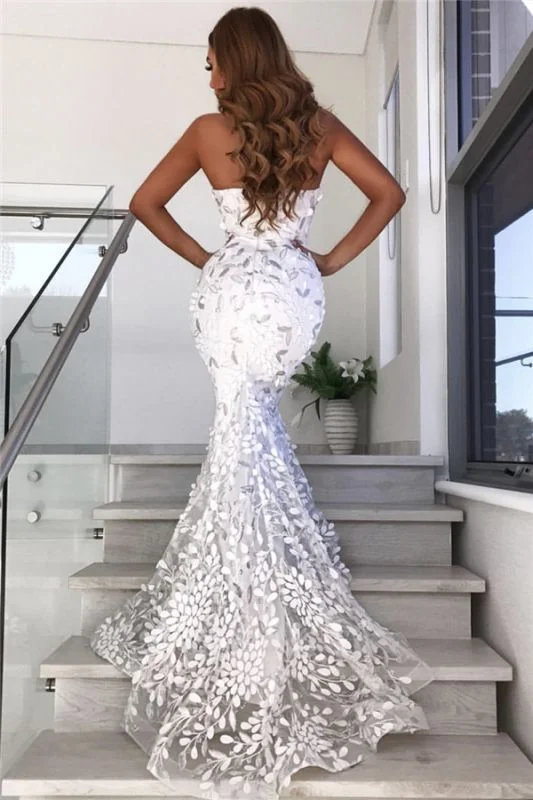 Sweetheart Mermaid Leaf Appliques Tulle White Long Prom Dress,DP641