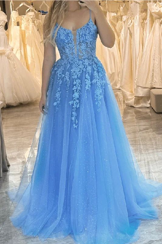 Bateau Spaghetti Straps Appliques Tulle A-Line Prom Dress