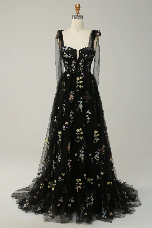 Black Bow Tie Shoulder A-line Embroidery Tulle Long Prom Dress