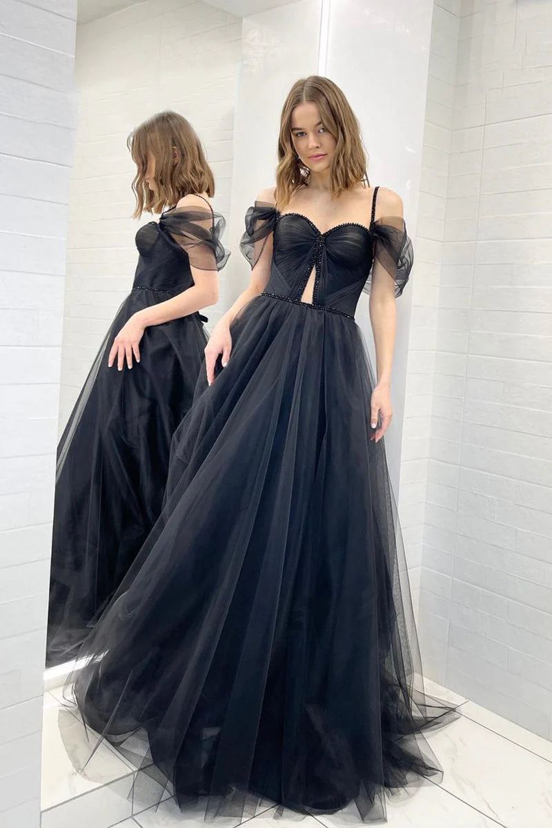 Black Tulle A-Line Sweetheart Sleeveless Empire Prom Dress