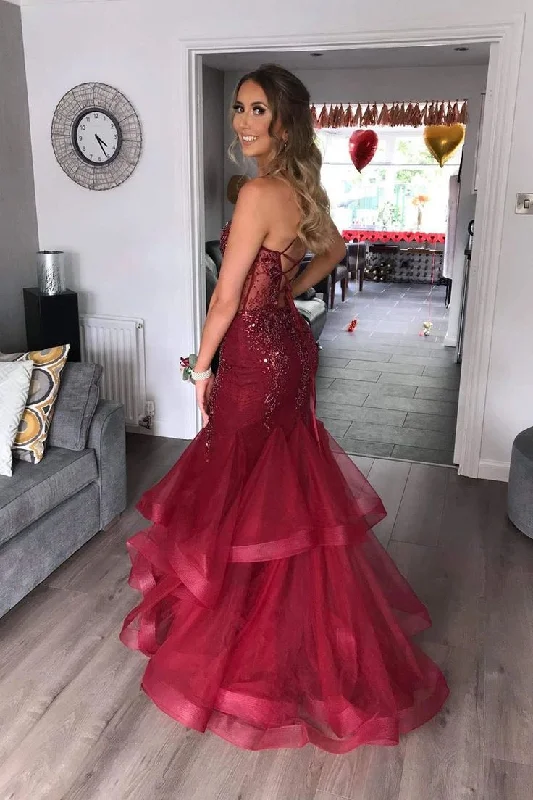 Burgundy V Neck Mermaid Tulle Beading Long Prom Dress with Ruffles,DP445