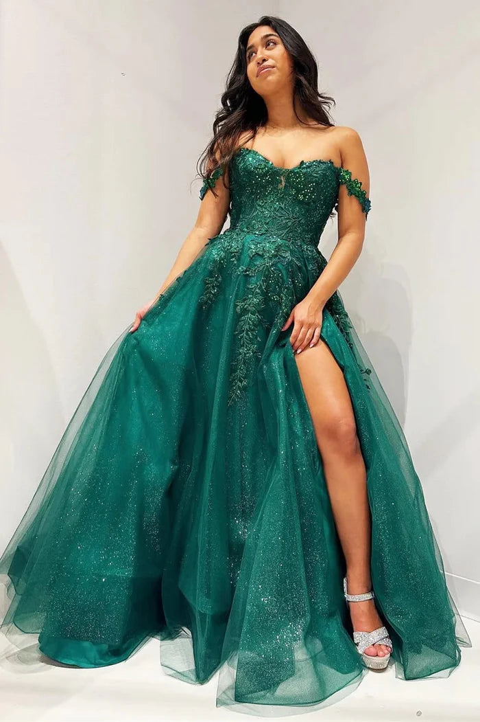 Chic Tulle A-Line Sweetheart Off-Shoulder Appliques Prom Dress