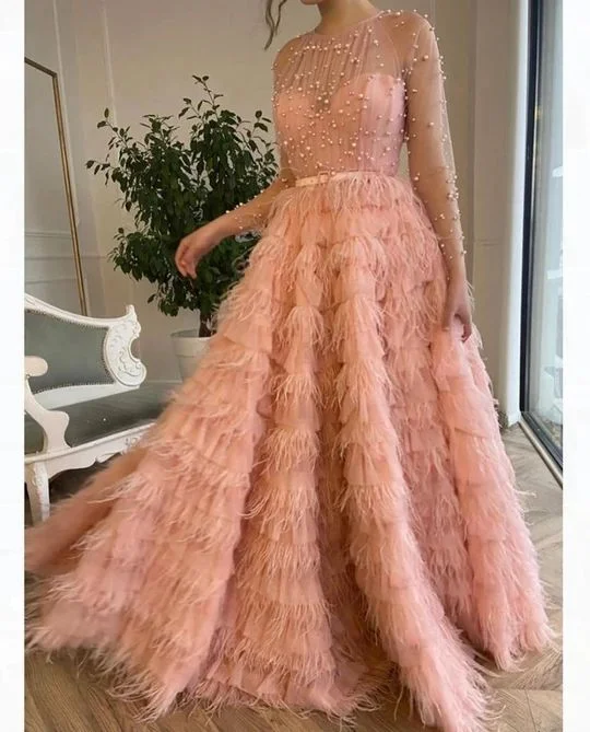 Pink Tulle Tiered A-Line Feather Evening Dress Long Prom Dress with Pearls,DP571