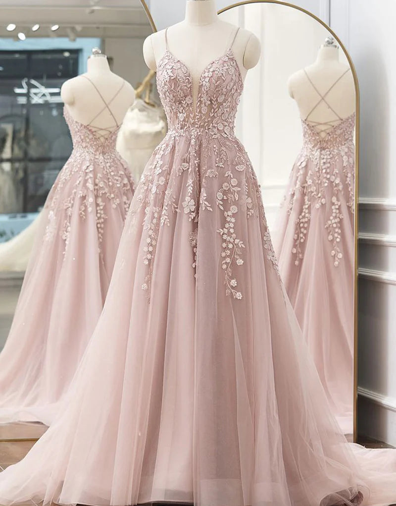 Cute Tulle A-Line Lace Appliques Lace Up Prom Dress