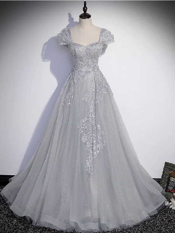 Gray A-Line Tulle Lace Long Prom Dress Evening Dress,DP508