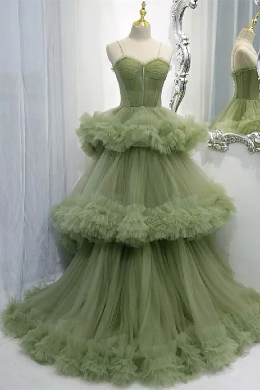 Green A-Line Elegant Straps Pleated Tiered Tulle Formal Prom Dress Ball Gown,DP449