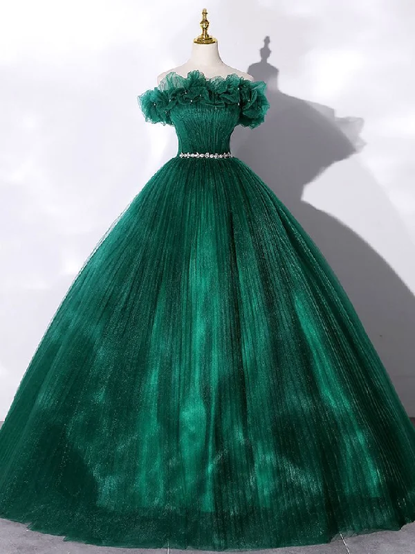 Green Tulle Off Shoulder Long Prom Dress Ball Gown Sweet 16 Dress,DP490