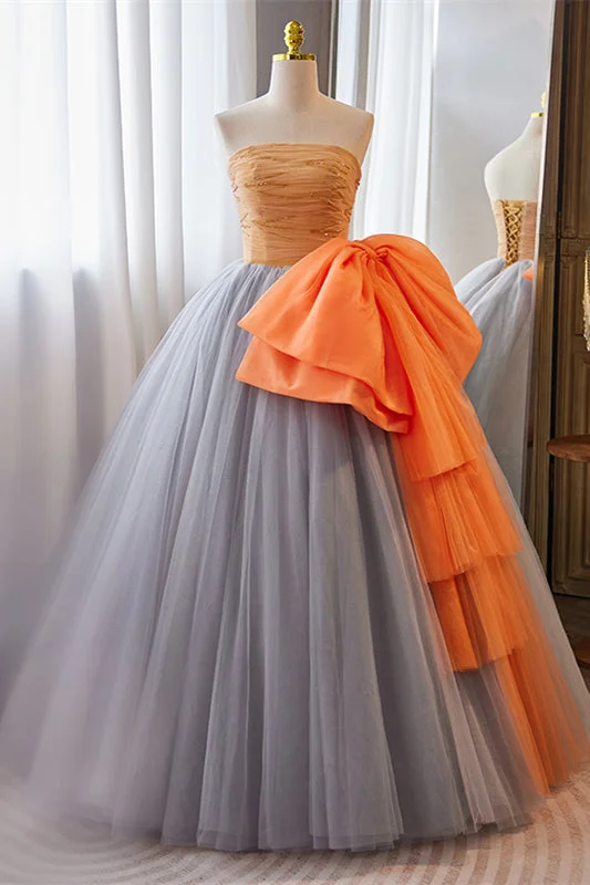 Grey Strapless A-line Tulle Long Prom Dress with Orange Bow