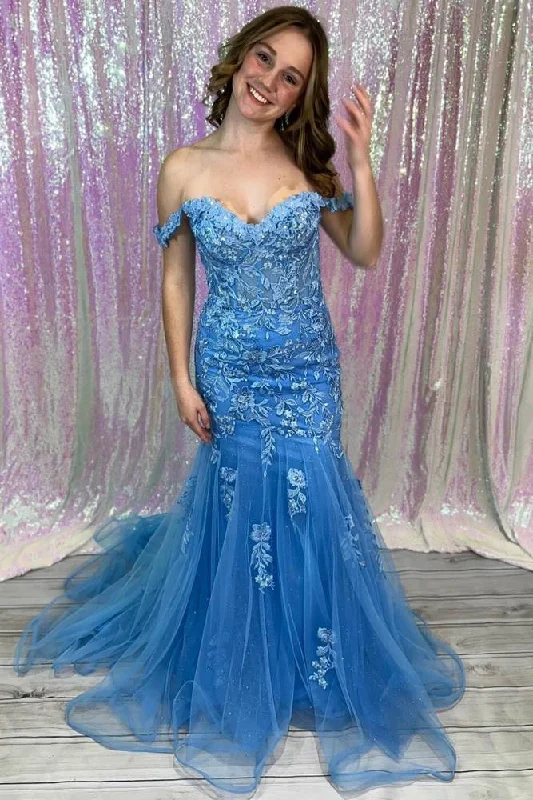 Mermaid Off-Shoulder Lace Appliques Tulle Prom Dress