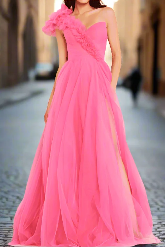 One Shoulder Sleeveless Empire Tulle A-Line Prom Dress