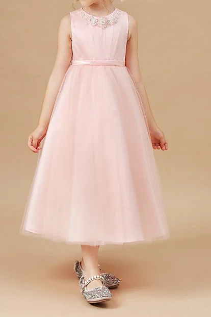 Pink Tulle A-Line Round Sleeveless Flower Girl Dress