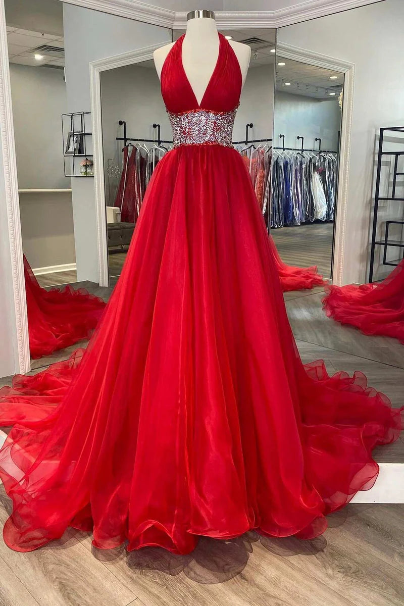 Sexy V-Neck Halter Open Back Appliques Tulle A-Line Prom Dress