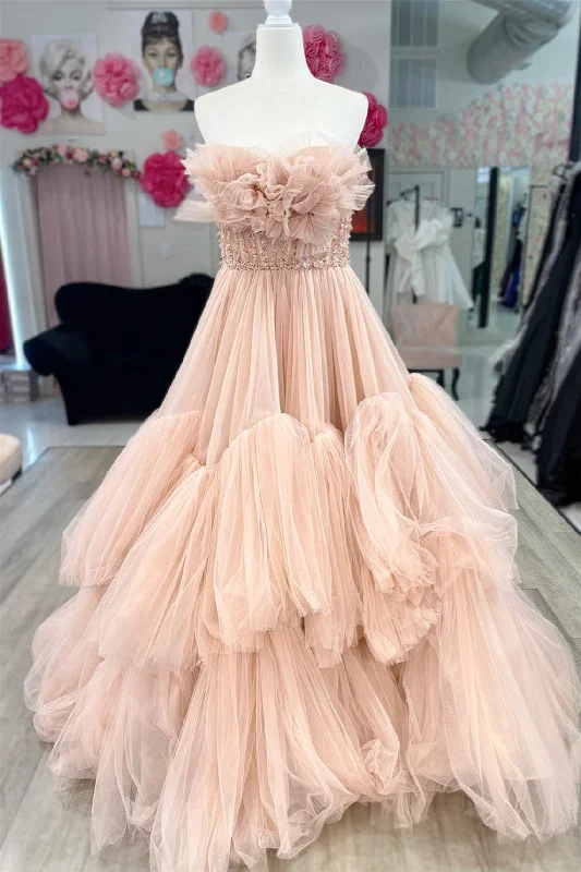 Strapless Ruffled Beaded Layers Tulle Long Prom Dress