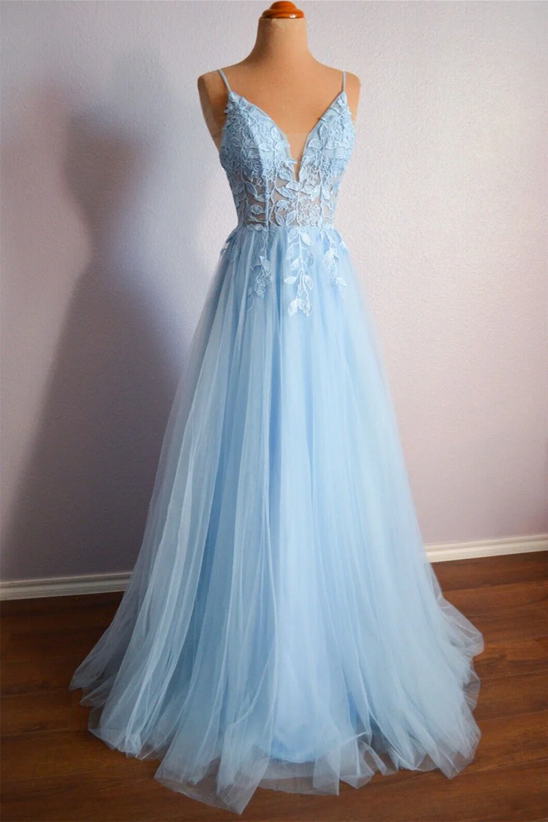 Tulle A-Line V-Neck Strapless Appliques Prom Dress