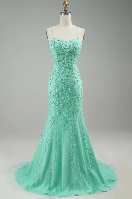 Turquoise Straps Appliques Tulle Mermaid Prom Dress